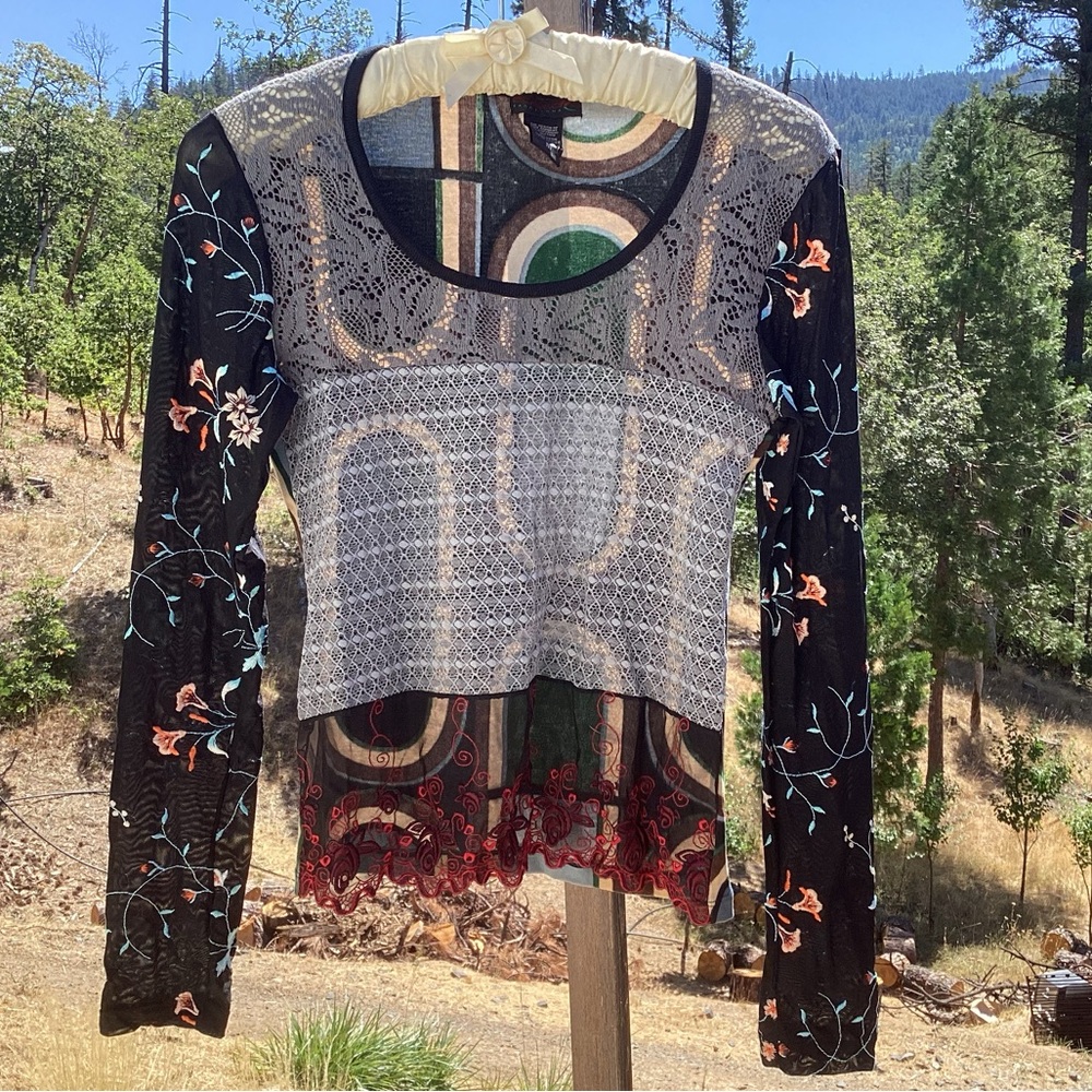 Custo Barcelona Embroidered Lace Long Sleeve Top Sz M Art To Wear Boho Hippie